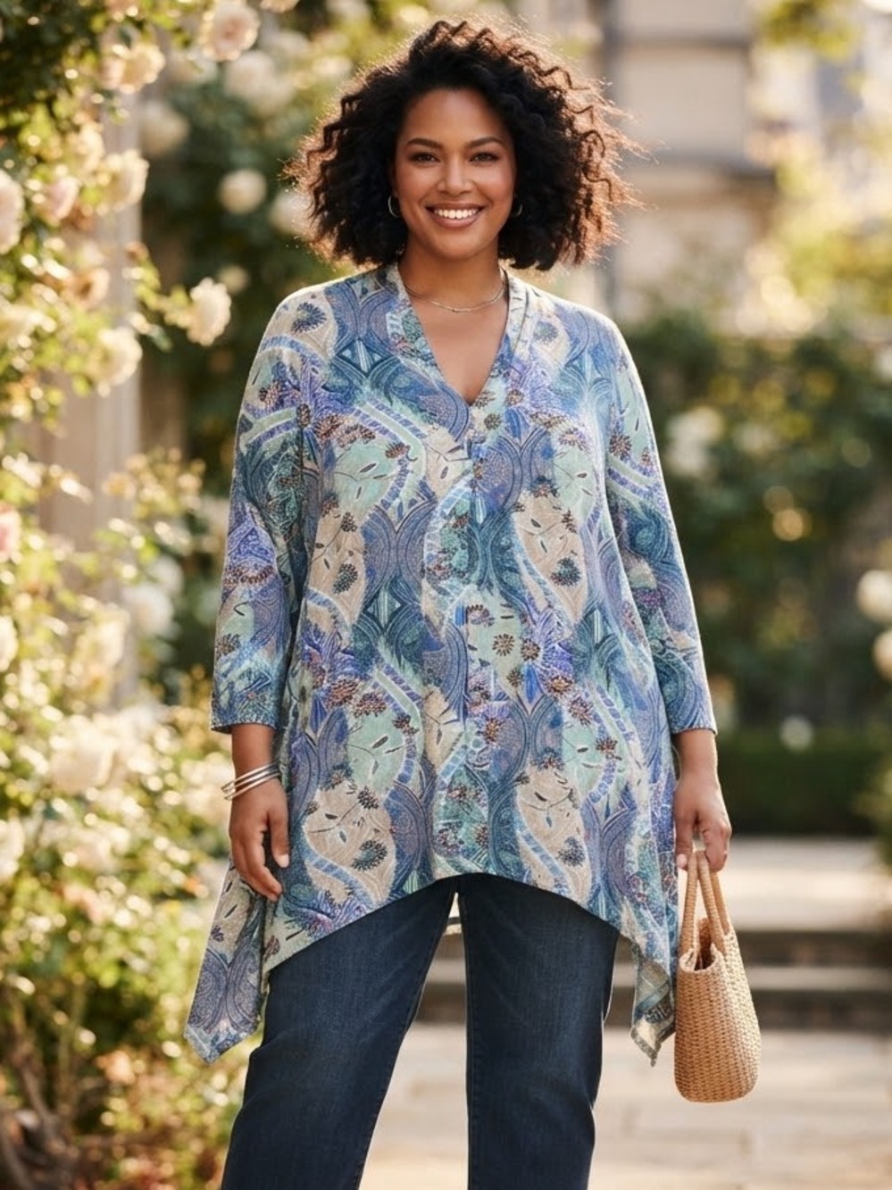 Evans Blue Paisley V-Neck Handkerchief-Hem Tunic 4x